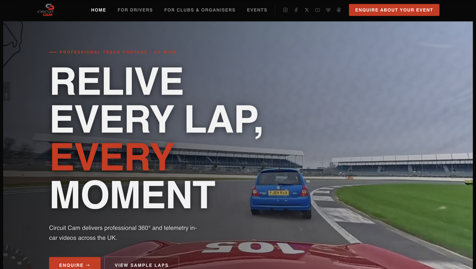 CircuitCam homepage hero with the headline Relive every lap, every moment over a track day photograph.